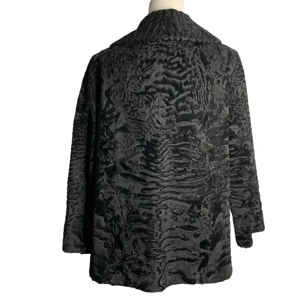 Vintage 60s Pelz Zeller Curly Lamb Wool Fur Coat L Black Hook Closure Pockets - Picture 4 of 6